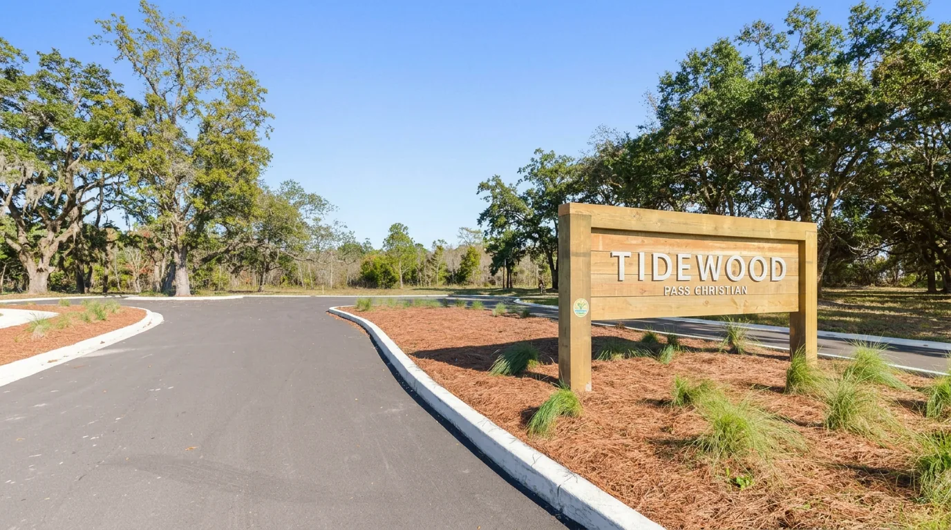 Tidewood community entrance sign framed by coastal landscaping