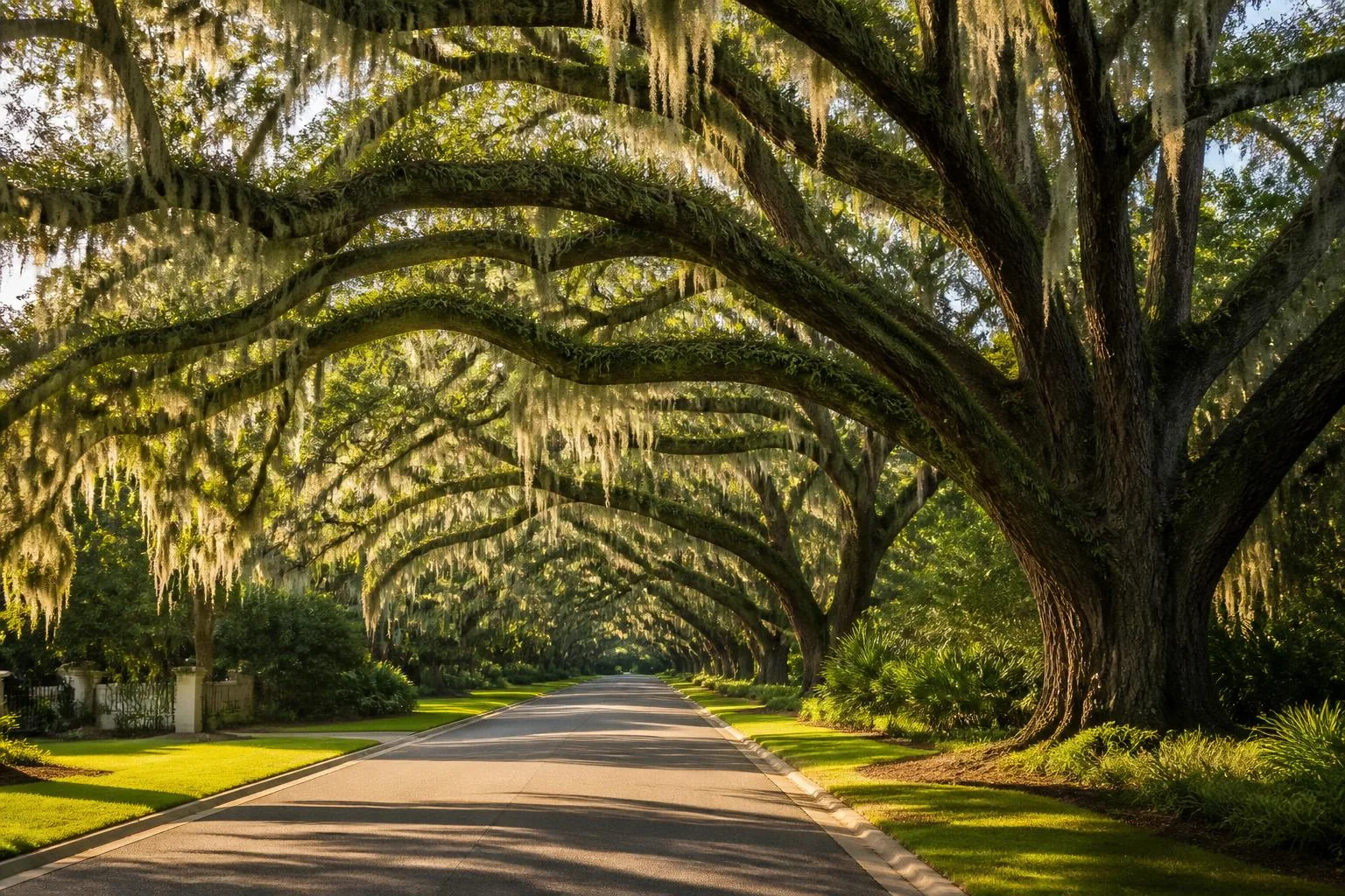 Live oak canopy lining the avenue at Tidewood